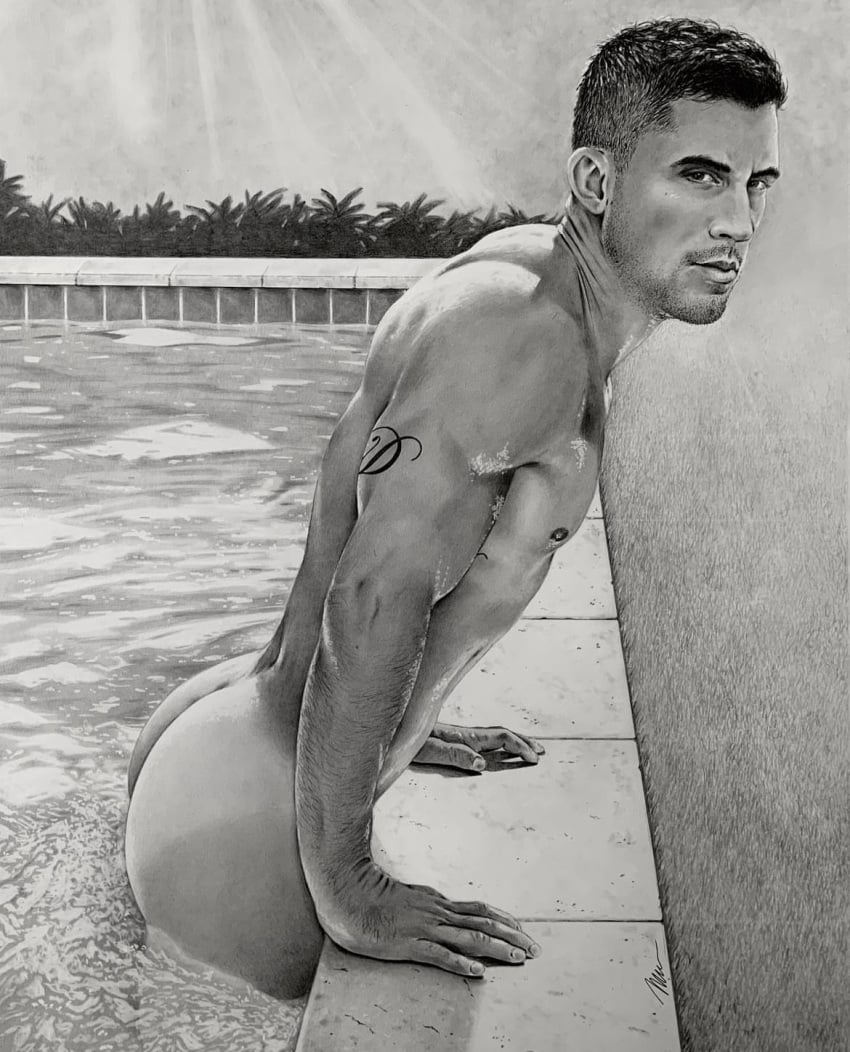 1boy ass black_and_white brad_welch_art butt graphite_(artwork) instagram_model male male_only muscles muscular muscular_male outside pencil_(artwork) pool real_person solo solo_male tanlines tattoos taylor_davis uncolored