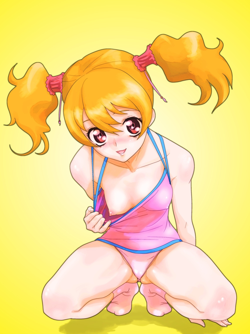 1girls agahat breasts clothing cure_peach down_blouse erect_nipples erect_nipples_under_clothes female flashing fresh_precure! fresh_pretty_cure fresh_pretty_cure! highres love_momozono magical_girl momozono_love nipple_slip nipples panties pantyshot pink_panties precure pretty_cure shirt shirt_pull small_breasts solo squatting tied_hair twintails underwear