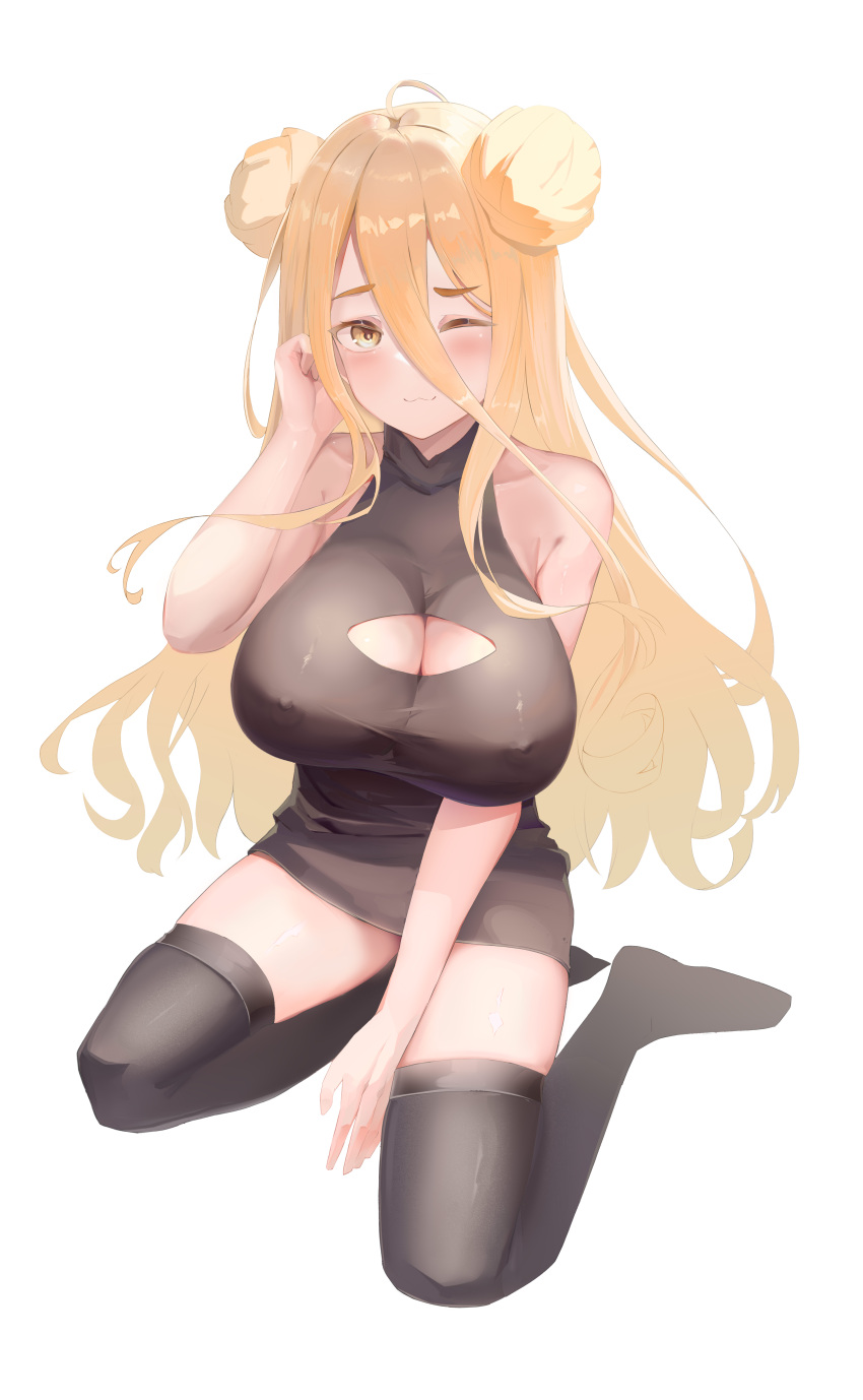 2d ass big_breasts blonde_hair blush breasts cleavage date_a_live hoshimiya_mukuro light-skinned_female nipple_bulge nipples socks solo solo_female thighs yellow_eyes