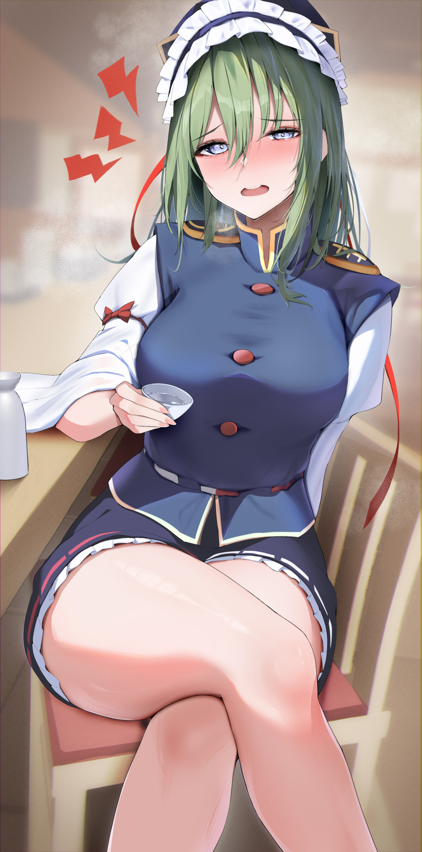 258n absurdres bare_legs blue_headwear blue_vest blurry blurry_background blush breasts breath choko_(cup) commentary crossed_legs cup drunk eiki_shiki feet_out_of_frame female green_hair hair_between_eyes highres horny horny_female indoors large_breasts looking_at_viewer mature_female miniskirt office_lady shiki_eiki sitting skirt solo thick_thighs tokkuri touhou vest