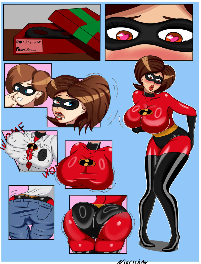 2d ass_expansion big_ass blue_background bodily_fluids bodysuit breast_expansion breast_growth breasts breasts_bigger_than_head brown_hair butt_growth color comic comic_page costume domino_mask elastigirl expansion flustered gender_bender gender_transformation genderbent genderswap_(mtf) gift heart heart-shaped_pupils heart_eyes heel_boots heels helen_parr heroine high_heels jeans latex latex_panties latex_suit light-skinned_female light_skin male_to_female march_needs_moms motion_lines mrs_incredible nikk1chan nipples_visible_through_clothing pants plain_background rule_63 shiny_clothes skin_tight solo superhero superhero_costume superheroine sweat the_incredibles thick_lips thigh_boots thigh_highs thighhighs transformation transformation_sequence vagina_visible_through_clothing