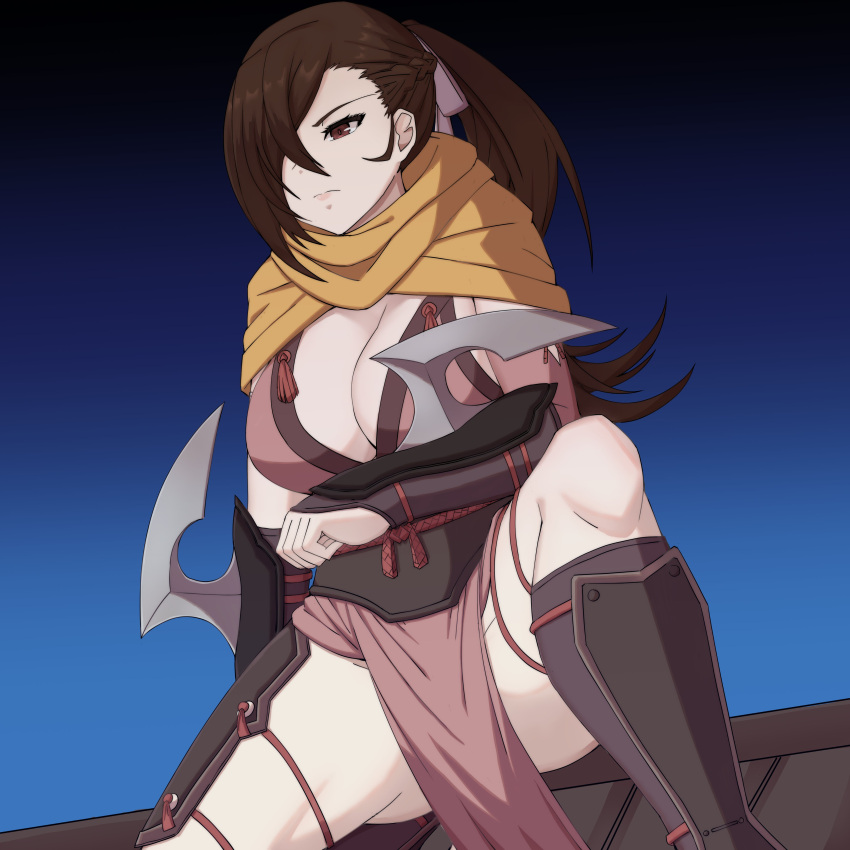 1girls ass breasts brown_eyes brown_hair cleavage female female_only fire_emblem fire_emblem_fates hair_over_one_eye kagero_(fire_emblem) large_breasts ninja nintendo on_roof pelvic_curtain solo spread_legs thick_thighs thighs zerocgm