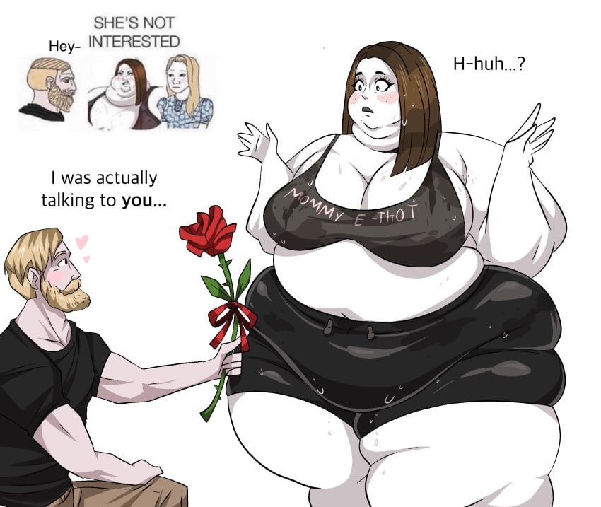 1boy 2girls assthethick blush blushing fat fat_arms fat_rolls hearts meme mommy_e-thot nordic_chad obese obese_female offering_flower rose rose_(flower) ssbbw surprised surprised_expression sweating sweaty tradwife wholesome wholesome_end wojak_comics