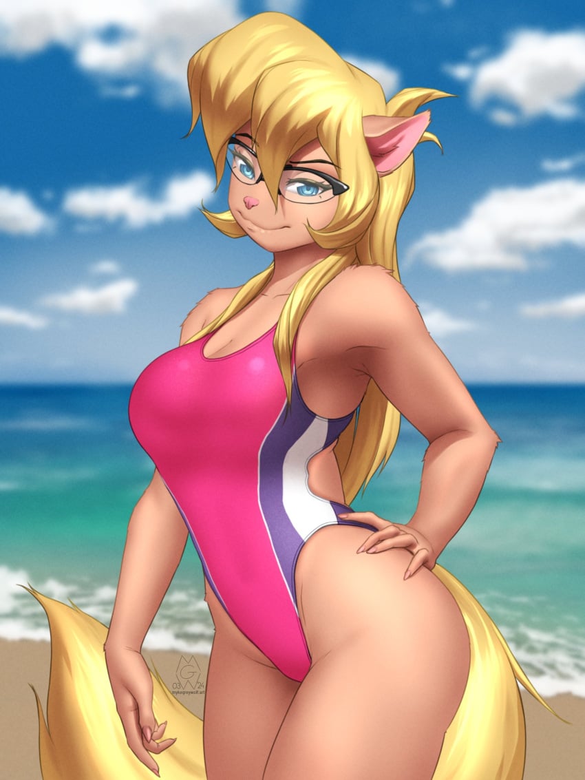 beach blonde_hair blue_eyes breasts busty callie_briggs feline feline_humanoid female mykegreywolf swat_kats swimsuit tail