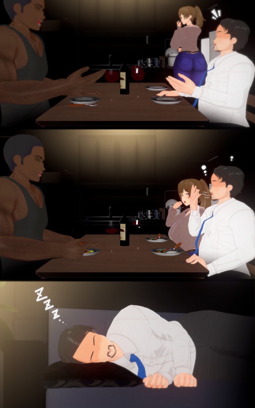 3d blacked comic comic_page comic_strip cuckold dark-skinned_male husband kitchen koikatsu light-skinned_female married_couple married_man married_woman muscular_male netorare ntr original sleeping spidey-dude tsukasa_minami