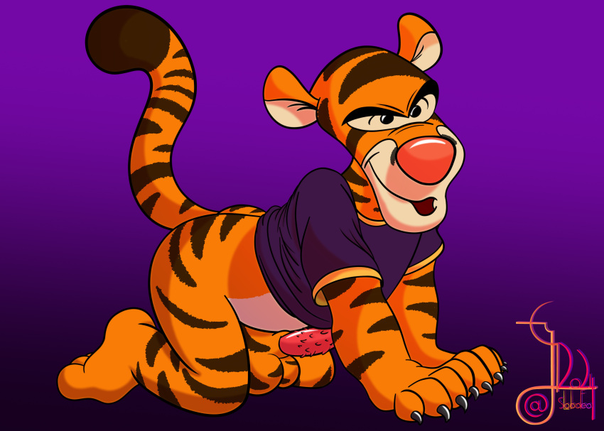 absurd_res aroused aroused_face bottomless bottomless_male claws clothed clothing disney felid feline furry genitals hi_res lobofeo male mammal pantherine penile_spines penis pooh's_adventures pooh's_hunny_hunt solo tiger tigger winnie_the_pooh_(franchise)