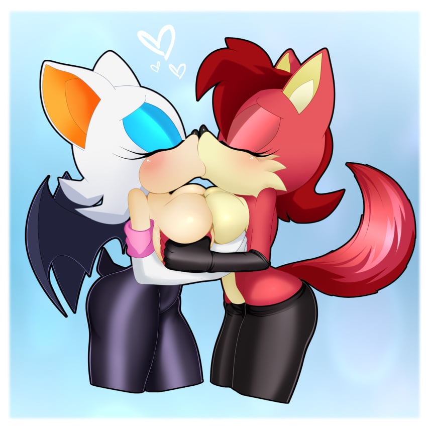 2girls bat breast_grab breast_press breasts closed_eyes female female/female fiona_fox fox gloves interspecies kissing lluanhyperzero rouge_the_bat sonic_(series) tagme tail wings yuri