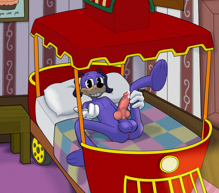 absurd_res animal_genitalia animal_penis anthro bed canid canine canine_genitalia canine_penis clothing fireball_purplenerd food fur furniture gloves handwear hi_res looking_at_viewer male mammal pastry pie purple_body purple_fur solo sonicinmind toontown_corporate_clash toontown_online trolley