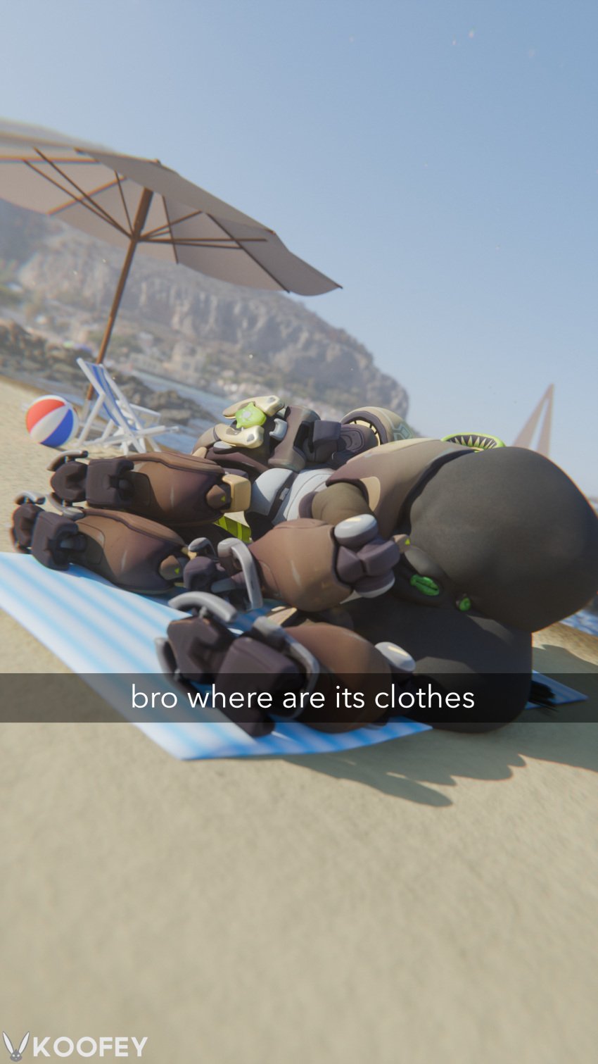 3d_(artwork) 9:16 absurd_res ass ball beach beach_ball big_butt blender_(disambiguation) blender_(software) blizzard_entertainment crotch digital_media_(artwork) english_text genitals hi_res horn huge_butt inflatable koofey machine omnic orisa overwatch overwatch_2 pussy robot sand taur text text_box umbrella