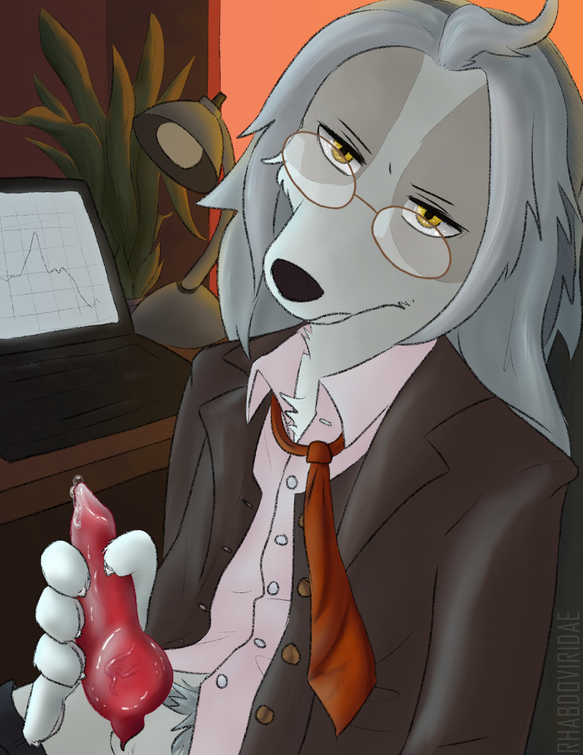 aggressive_retsuko aggretsuko canid canine canine_penis director_himuro director_himuro_(aggressive_retsuko) erection glasses grey_fur long_hair male precum pubes pubic_hair sanrio smooth_fur wolftacos