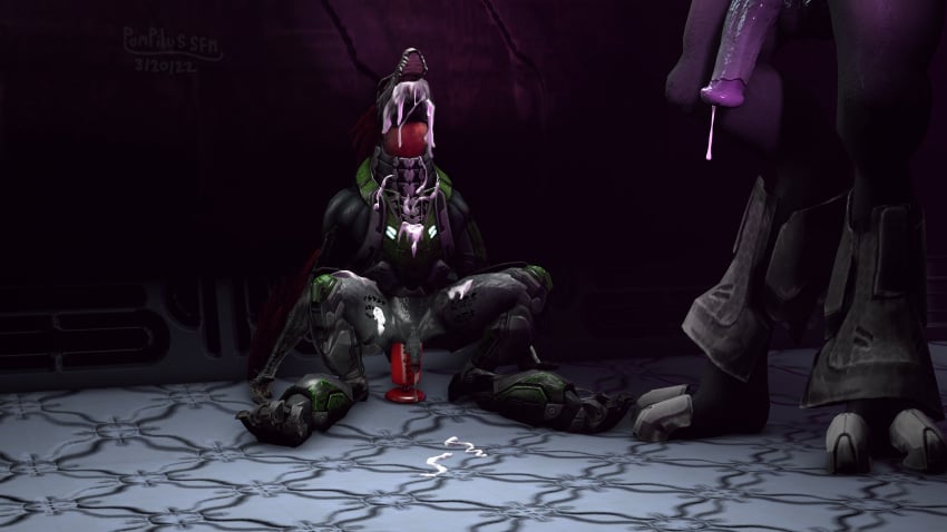 3d after_oral after_sex aftermath big_dom_small_sub body_writing cum cum_from_anal cum_in_mouth cum_on_body cum_on_face dildo dildo_in_ass dildo_penetration dildo_sitting excessive_cum full_mouth halo_(game) halo_(series) halo_reach kig-yar knocked_out larger_futanari overflowing_cum pompilus_sfm_twitter(artist) public_humiliation public_use sangheili skirmisher smaller_male t'vaoan unconscious