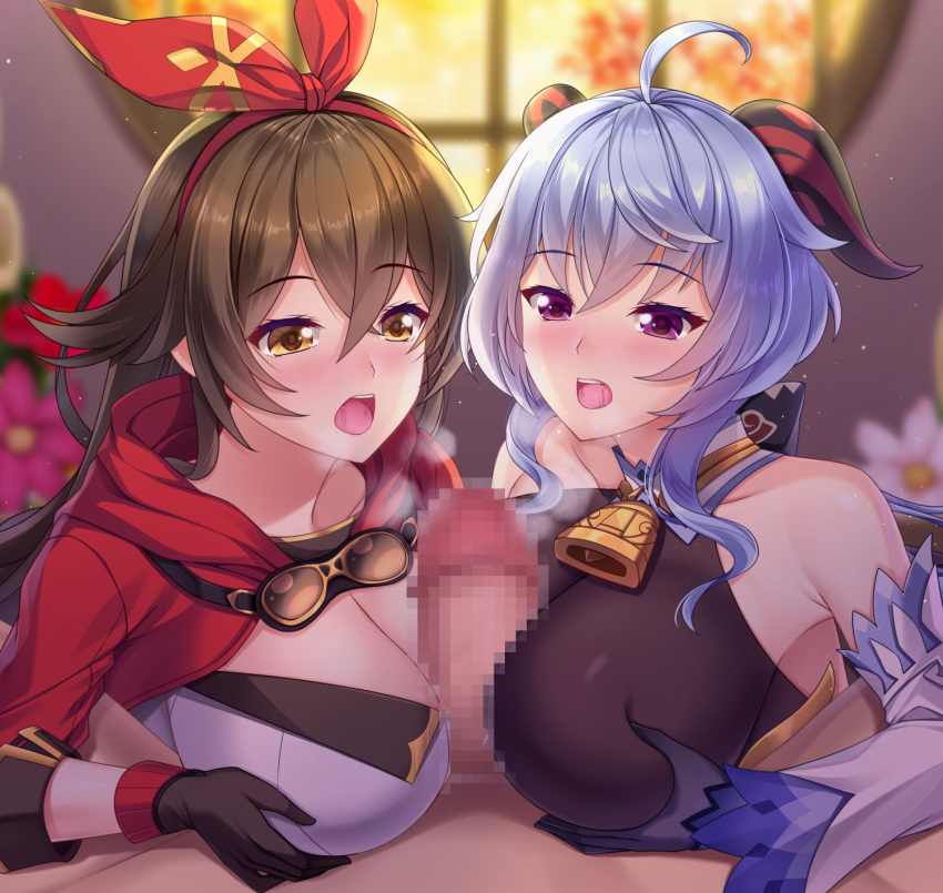 2girls ahoge amber_(genshin_impact) bangs bare_shoulders bell black_gloves blue_gloves blue_hair blurry blush bow breast_squeeze breasts brown_hair censored cleavage cleavage_cutout clothed clothed_paizuri clothing_cutout collaborative_paizuri collaborative_titfuck depth_of_field detached_sleeves double_paizuri eyebrows_visible_through_hair flower ganyu_(genshin_impact) genshin_impact gloves goggles highres horns indoors large_breasts long_hair looking_at_another mosaic_censoring multiple_girls multiple_paizuri neck_bell nose_blush open_mouth paizuri paizuri_over_clothes penis pov purple_eyes red_flower reward_available saliva sidelocks tsukimi_kirara upper_body white_flower white_sleeves window