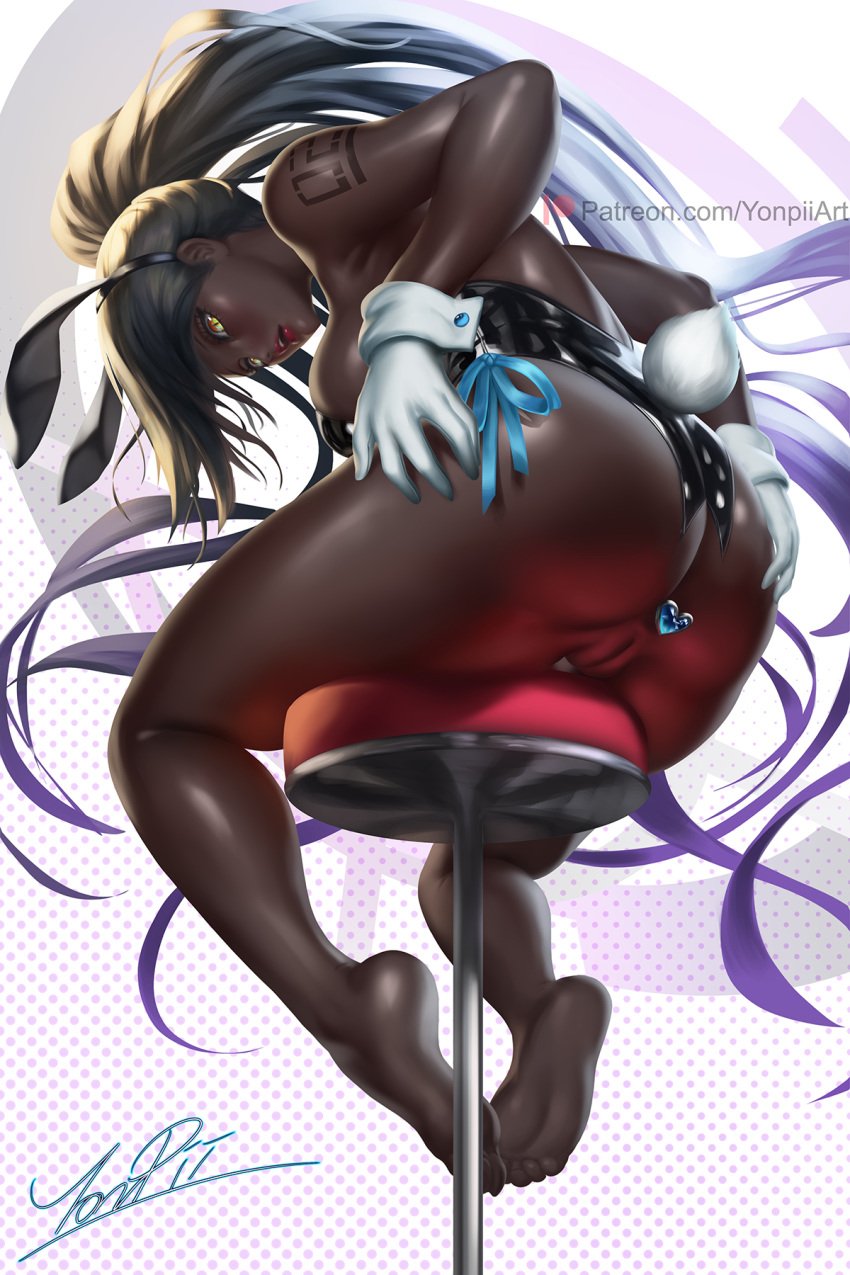 anal animal_ears ass bangs bare_legs bare_shoulders barefoot barstool black_hair blue_archive blue_buttplug breasts buttplug cum dark-skinned_female dark_skin ejaculation fake_animal_ears fake_tail female female_only gloves heart_buttplug highres jewel_buttplug karin_(blue_archive) karin_(bunny)_(blue_archive) karin_(bunny_girl)_(blue_archive) long_hair looking_down millennium_science_school_student no_shoes panties playboy_bunny ponytail rabbit_ears rabbit_tail sex_toy sitting soles solo solo_female tail toes underwear white_gloves yonpii