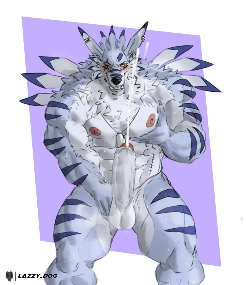 abs anthro balls bandai_namco big_penis blush bodily_fluids canid canine cum cumshot digimon digimon_(species) dog_tags ear_piercing ejaculation erection genital_fluids genitals hi_res humanoid_genitalia humanoid_penis lazzyd0g looking_at_viewer male male_focus male_only male_solo mammal muscular muscular_anthro muscular_male nipples one_eye_closed orgasm pecs penis piercing scar simple_background solo solo_male weregarurumon yellow_eyes