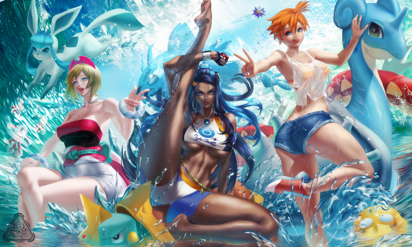 3girls armlet ass asymmetrical_hair bangs blonde_hair blue_eyes blue_hair blunt_bangs booty_shorts breasts cleavage collarbone creatures_(company) dark-skinned_female dark_skin drednaw dynamax_band eyelashes feet female female_only flexible game_freak glaceon gloves goldeen gyarados gym_leader hair_bun hair_tie hairband highres holding holding_poke_ball hoop_earrings huge_ass huge_breasts irida_(pokemon) jewelry kasumi_(pokemon) kuiyanxu lapras large_breasts leg_up long_hair looking_at_viewer makeup multicolored_hair multiple_girls navel neck_ring necklace nessa_(pokemon) nintendo no_bra open_mouth orange_hair poke_ball poke_ball_(basic) pokemon pokemon_(game) pokemon_legends:_arceus pokemon_lgpe pokemon_rgby pokemon_ss ponytail psyduck red_hairband shirt short_hair short_shorts shorts side_ponytail smile starmie thick_thighs two-tone_hair underboob water waves wet_clothes white_shirt wishiwashi