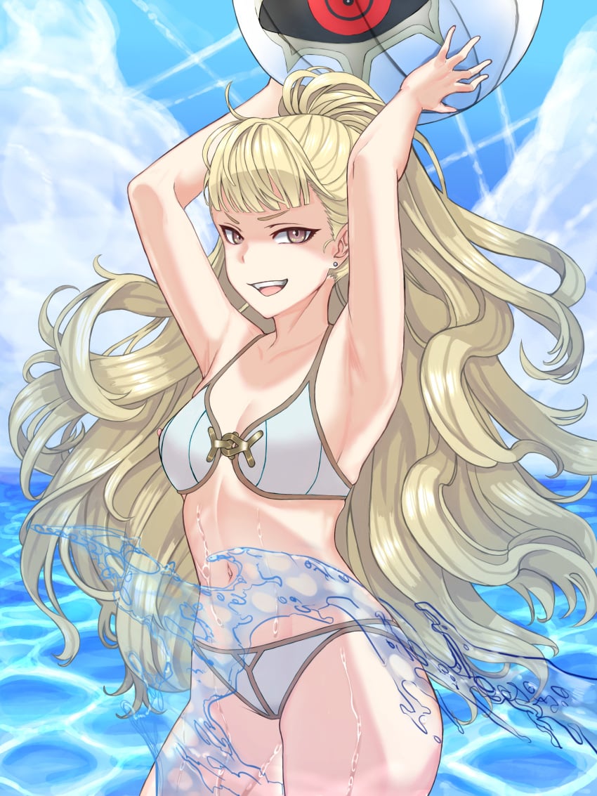 1girls absurdres adapted_costume alternate_costume armpits arms_up ball bangs beach beachball bikini blonde_hair breasts brown_eyes cleavage cloud cloudy_sky collarbone commission day earrings eitri_(fire_emblem) female female_only fire_emblem fire_emblem_heroes highres holding holding_ball holding_beachball jewelry long_hair looking_at_viewer navel nintendo pocari66 ponytail sky small_breasts smile smug solo splashing swimsuit teeth very_long_hair water white_bikini white_swimsuit