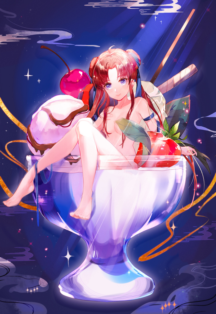 absurdres black_hair blue_eyes bowl cherry double_bun food fruit hair_over_breasts highres ice_cream non-web_source nude ribbon strawberry sundae twintails xian_jian_qi_xia_zhuan zhao_linger