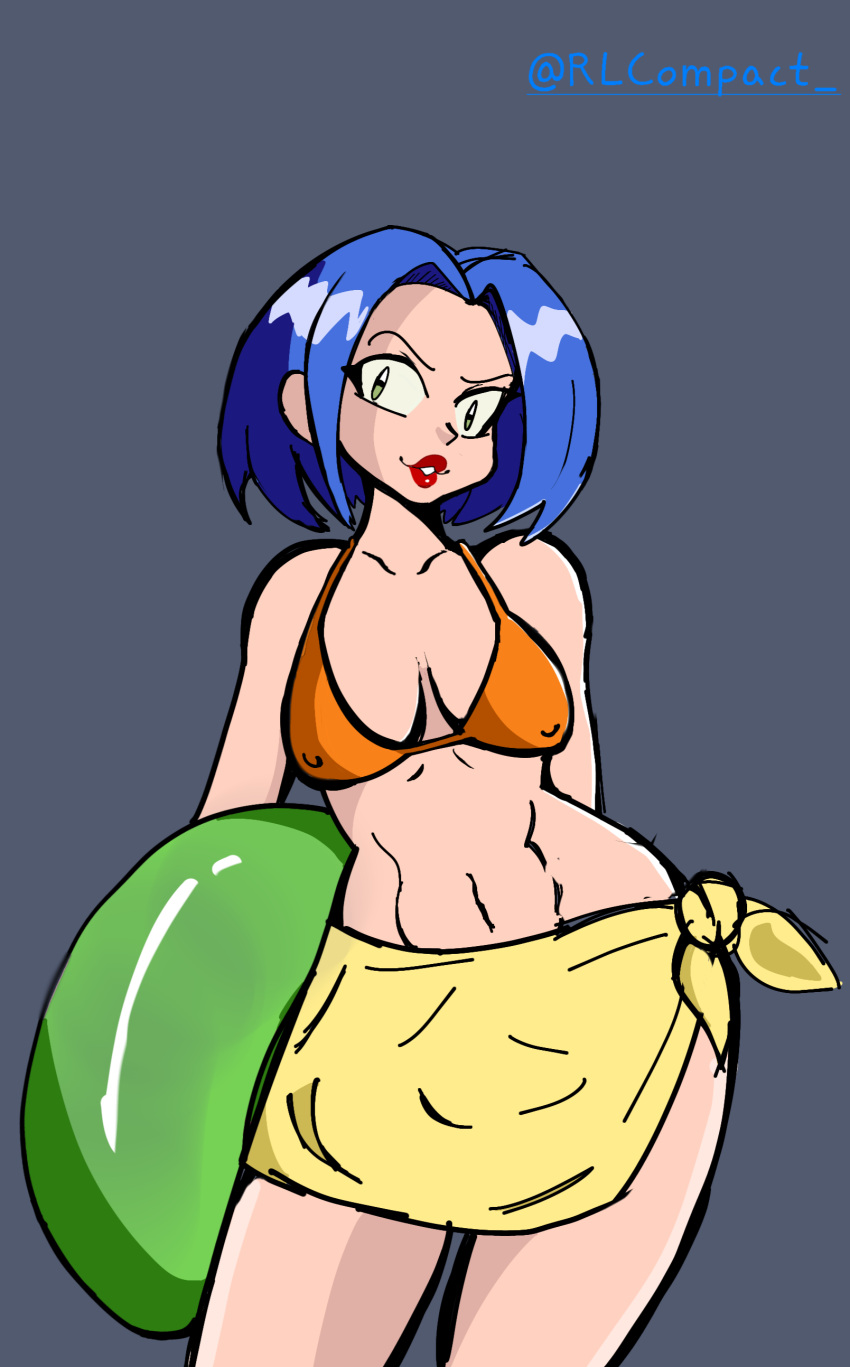 blue_hair fake_breasts femboy james_(pokemon) male_only male_with_breasts nipples_visible_through_clothing pokemon pool_toy rlcompact rlcompact_ solo swimsuit towel