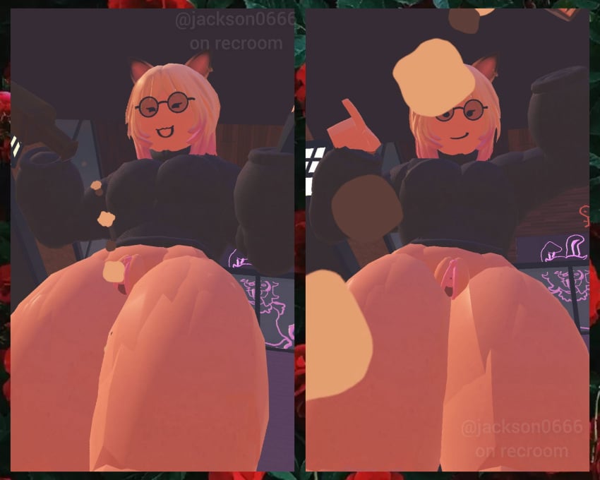 3d 3d_(artwork) 3d_model black_sweater jacky neko pouring pussy rec_room recroom rootbeer soda sweater thick_thighs thighs vagina vr