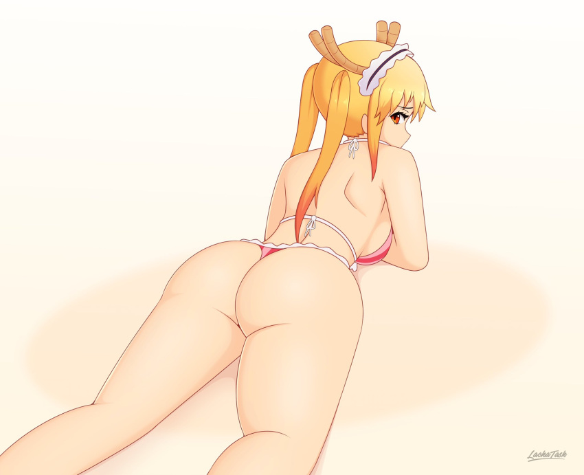 1girls ass big_ass big_breasts bikini female female_only lackatask laying_down laying_on_stomach looking_at_viewer miss_kobayashi's_dragon_maid orange_eyes solo swimsuit tohru_(dragon_maid)