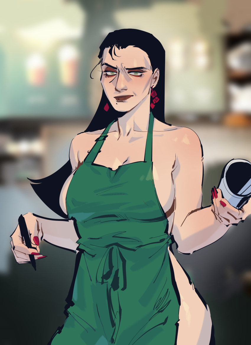 1girls barista black_hair bulgaria female female_only iced_latte_with_breast_milk large_breasts lullindo meme milf nationbeingthing sideboob tagme