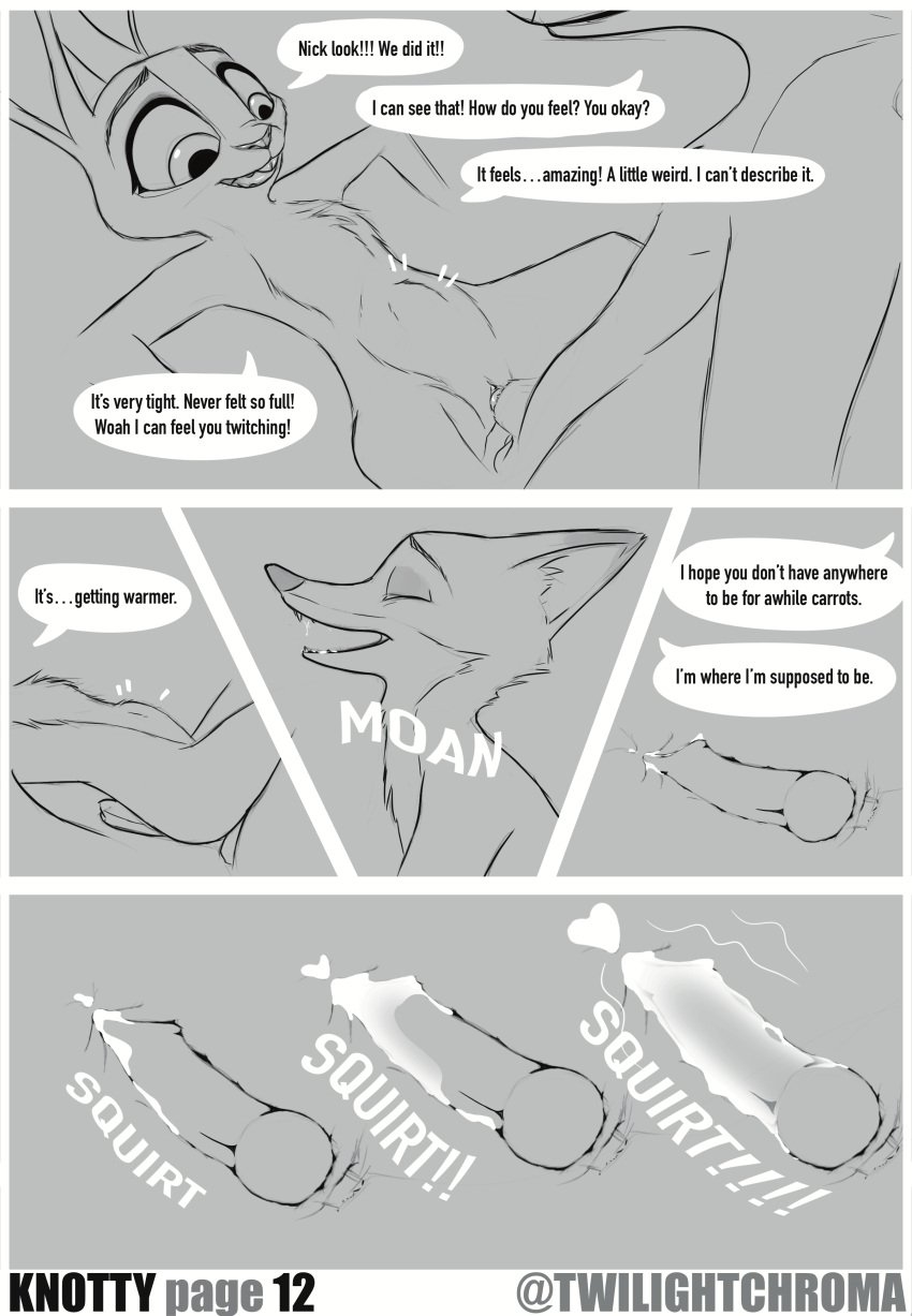 absurd_res animal_humanoid anthro bodily_fluids breasts bulge canid canine comic cum cum_inside digital_media_(artwork) disney duo ejaculation english_text erection excited female female_penetrated flat_chest fox fur genital_fluids genitals grey_body grey_fur hair hi_res humanoid judy_hopps knot knotting lagomorph leporid male male/female male_penetrating mammal mammal_humanoid monochrome naked nick_wilde nude penetration penis pussy rabbit sex simple_background smile stomach_bulge text twilightchroma vaginal_penetration zootopia