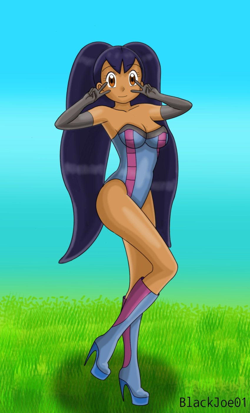 blackjoe01 brown_eyes cosplay dark-skinned_female dark_skin double_v game_freak hydreigon_(cosplay) iris_(pokemon) nintendo outdoors pokemon pokemon_(cosplay) pokemon_bw pokemon_bw2 pose solo solo_female