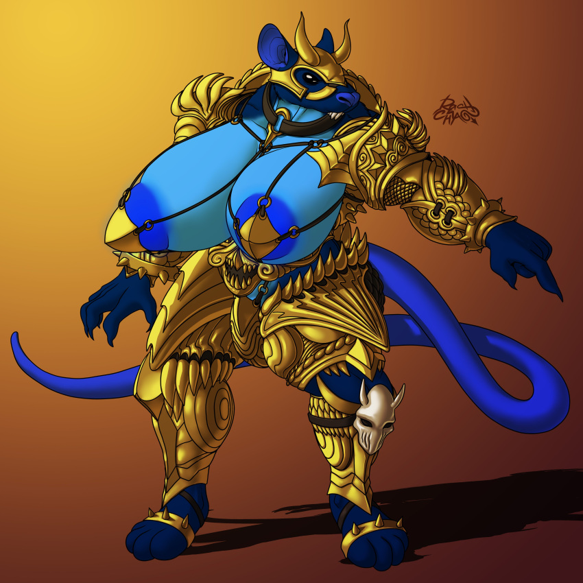 absurd_res anthro areola armor belt big_areola big_breasts black_eyes black_sclera blue_body blue_fur blue_nails blue_tail bone breasts brown_background brown_clothing clothed clothing colored_nails digital_drawing_(artwork) digital_media_(artwork) female fur gesture gold_(metal) gold_armor gradient_background headgear helmet hi_res horn huge_areola huge_breasts jewelry long_tail mammal murid murine nails necklace paws pointing rashchaos rat rodent shadow sharp_nails sharp_spikes sharp_teeth signature simple_background skull solo spikes standing teeth yellow_armor yellow_background