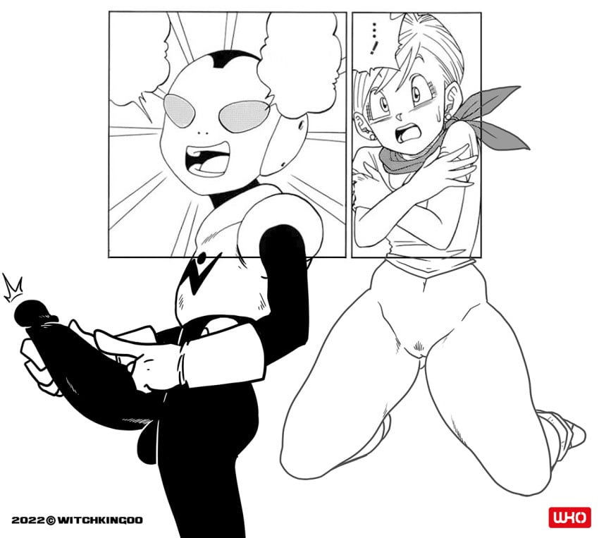 bulma_briefs covering_breasts dragon_ball dragon_ball_out_of_pannel dragon_ball_super half_naked jaco jaco_the_galactic_patrolman large_penis open_mouth pussy shocked shocked_expression testicles thick_penis thick_thighs tongue witchking00