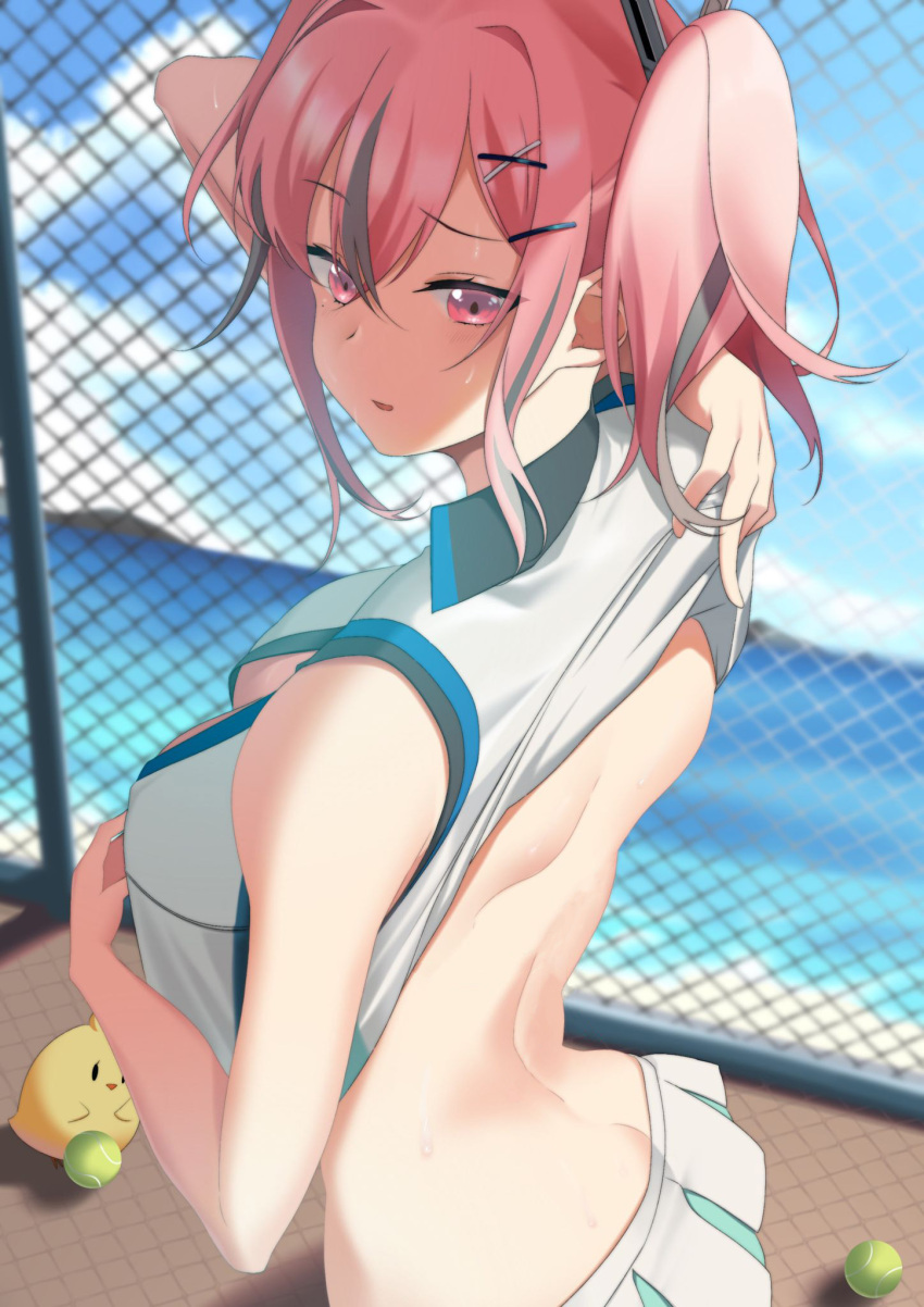 1animal 1girls ass_cleavage azur_lane back ball blue_sky blush breasts bremerton_(azur_lane) bremerton_(scorching-hot_training)_(azur_lane) butt_crack chain-link_fence cleavage cleavage_cutout clothes_lift clothing_cutout crop_top day eagle_union_(azur_lane) female fence from_side hair_ornament hairclip highres large_breasts lifted_by_self light-skinned_female light_skin looking_at_viewer looking_to_the_side manjuu_(azur_lane) miniskirt multicolored_hair ocean official_alternate_costume outdoors oxygen_mask_(oxygenmask233) parted_lips pink_eyes pink_hair red_hair shirt shirt_lift short_hair short_twintails skirt sky sleeveless sleeveless_shirt solo_focus streaked_hair tennis_ball twintails two-tone_hair white_shirt white_skirt x_hair_ornament