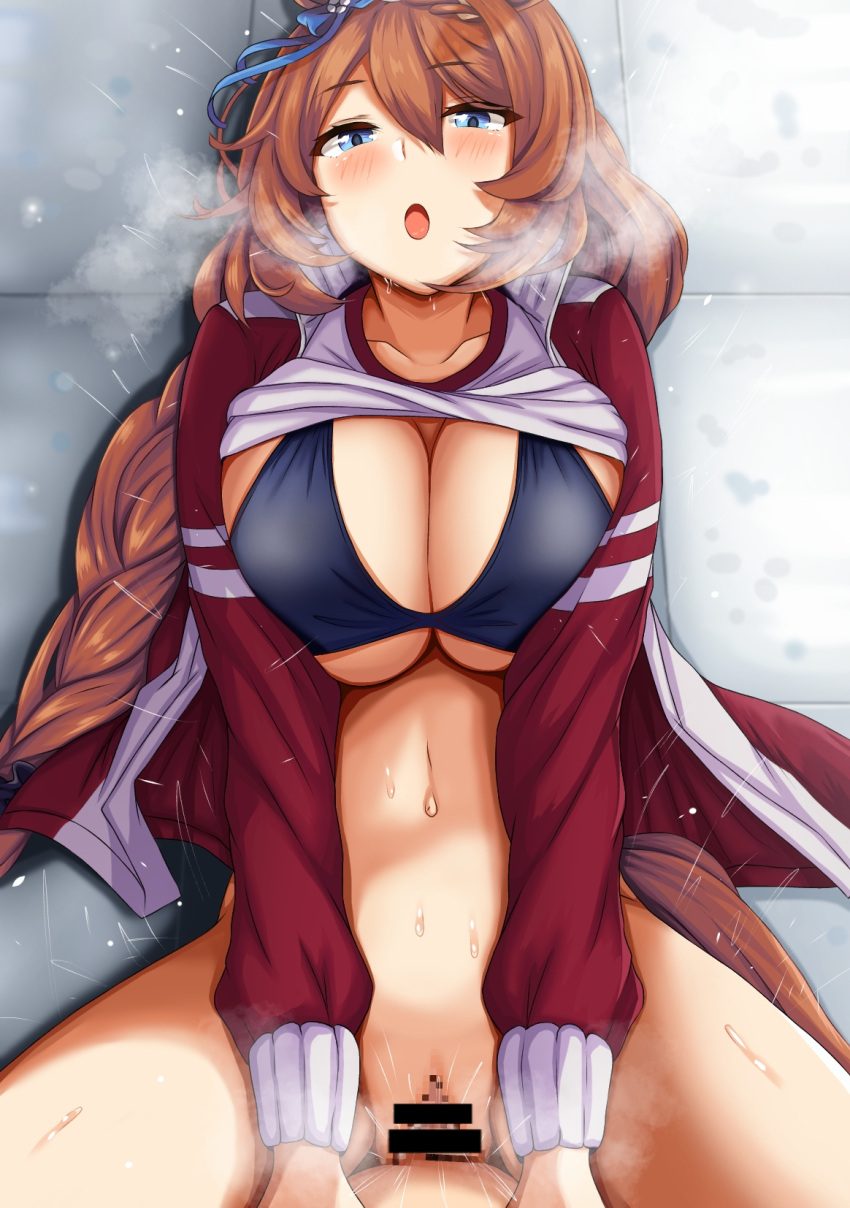 animal_ears bar_censor blue_eyes bra breasts brown_hair censored collarbone gym_uniform hair_between_eyes highres horse_ears horse_girl jacket large_breasts long_hair looking_at_viewer missionary navel pov pussy_juice shokan_(pixiv61462319) spread_legs super_creek_(umamusume) sweat thighs track_jacket umamusume underwear