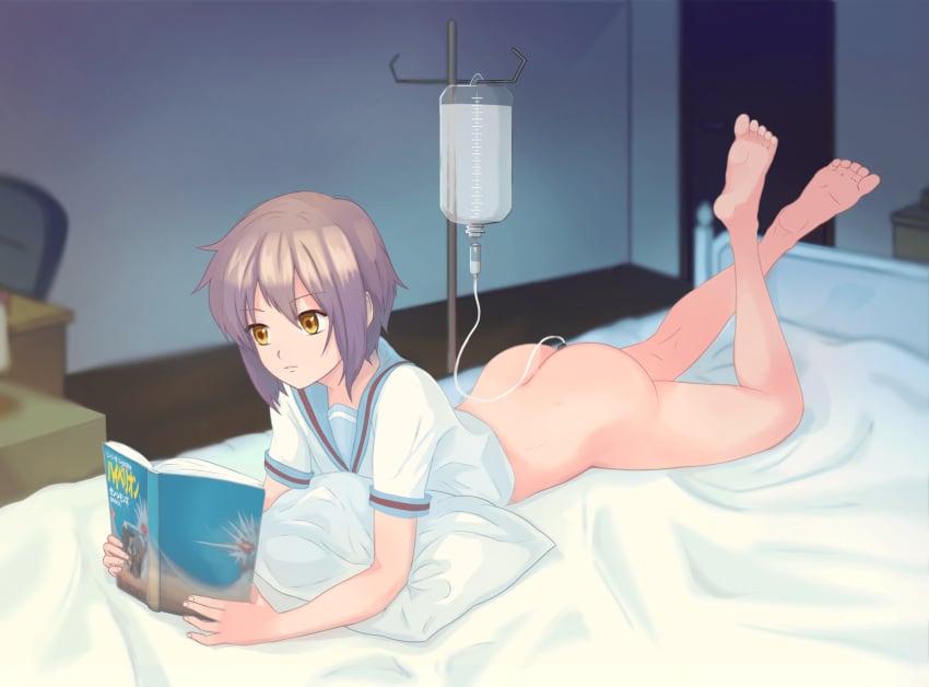 alexpantya ass bed book bottomless commission enema feet female highres holding holding_book kita_high_school_uniform lying nagato_yuki on_stomach pillow purple_hair reading school_uniform short_hair solo suzumiya_haruhi_no_yuuutsu yellow_eyes