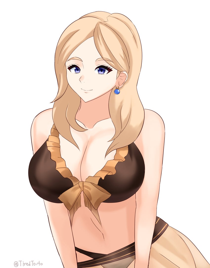 1girls alternate_costume alternate_hairstyle bikini blonde_hair blue_eyes breasts brown_bikini brown_hair brown_swimsuit cleavage clothing female female_only fire_emblem fire_emblem:_three_houses fire_emblem_heroes fire_emblem_warriors:_three_hopes large_breasts medium_hair mercedes_von_martritz mercedes_von_martritz_(summer) nintendo official_alternate_costume smile swimsuit tiredtorto