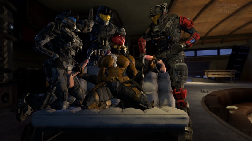 3_on_1 3d arm_around_shoulder armor cum cum_on_armor cum_on_body cum_on_breasts cum_on_face cum_on_helmet cumming foursome futa_on_female futadom futanari gangbang halo_(game) halo_(series) halo_reach hand_on_shoulder helmet jerkingoff_another kneeling_sex light-skinned_futanari lots_of_cum military on_couch pompilus_sfm_twitter(artist) soldier spartan_(halo) spread_legs spreading tactical unprofessional_behavior