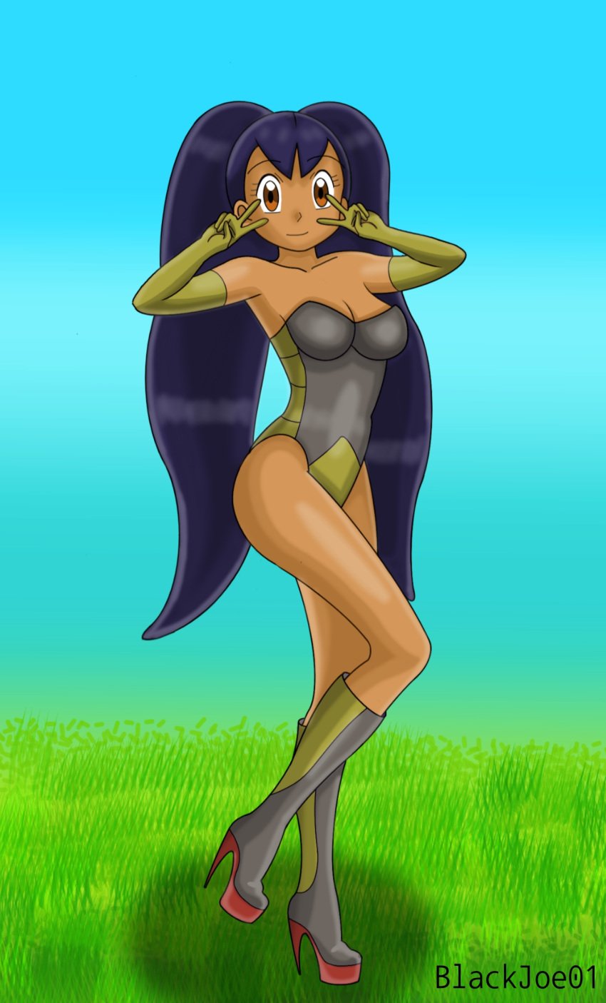 blackjoe01 brown_eyes cosplay dark-skinned_female dark_skin double_v game_freak haxorus_(cosplay) iris_(pokemon) nintendo outdoors pokemon pokemon_(cosplay) pokemon_bw pokemon_bw2 solo solo_female