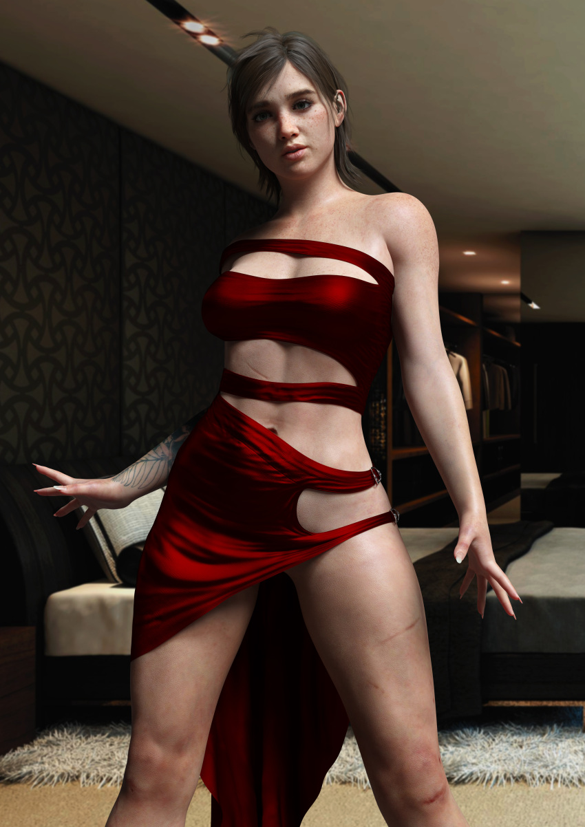 1girls 3d 3d_(artwork) abs absurd_res bare_arms bare_legs bare_shoulders bare_thighs belly_button dress ellie_(the_last_of_us) ellie_williams female female_focus female_only freckles french_nails large_filesize looking_at_viewer midriff naughty_dog red_dress scar short_hair shoulders solo solo_female solo_focus sony_interactive_entertainment tattoo tattoo_on_arm tattooed_arm the_last_of_us the_last_of_us_2 thighs viaphobia