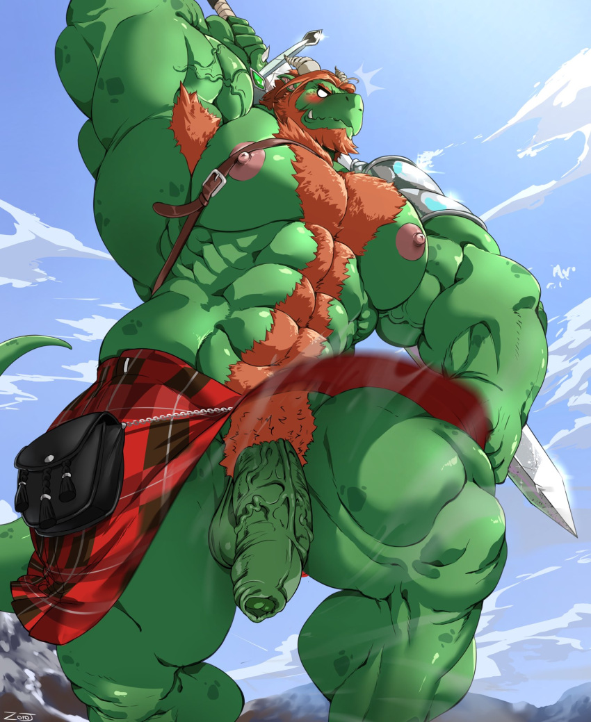 accidental_exposure balls bara big_balls big_pecs big_penis dragon embarrassed gay hairy horns kilt kilt_up male male_only muscles muscular penis scalie solo solo_male tail wingless_dragon zoroj