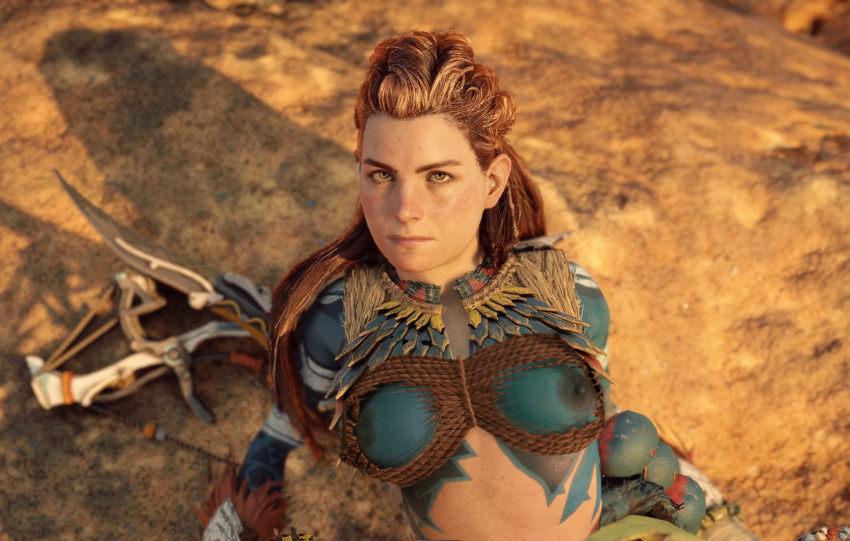 1girls 3d accurate_art_style aloy alternate_costume angry areolae bodypaint breasts canon clipping female female_only glitch horizon_forbidden_west horizon_zero_dawn medium_breasts midriff nipples official_art orange_hair outdoors outside painted_breasts playstation red_hair solo sony_interactive_entertainment tribadism video_games