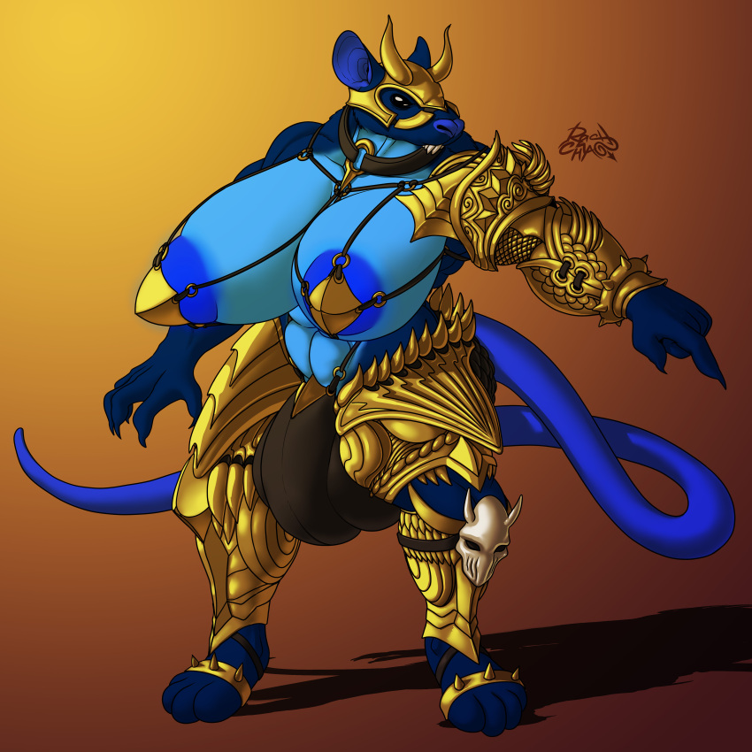 absurd_res anthro areola armor belt big_areola big_breasts black_eyes black_sclera blue_body blue_fur blue_nails blue_tail bone breasts brown_background brown_clothing bulge clothed clothing colored_nails digital_drawing_(artwork) digital_media_(artwork) fur gesture gold_(metal) gold_armor gradient_background gynomorph headgear helmet hi_res horn huge_areola huge_breasts intersex jewelry long_tail mammal murid murine nails necklace paws pointing rashchaos rat rodent shadow sharp_nails sharp_spikes sharp_teeth signature simple_background skull solo spikes standing teeth yellow_armor yellow_background