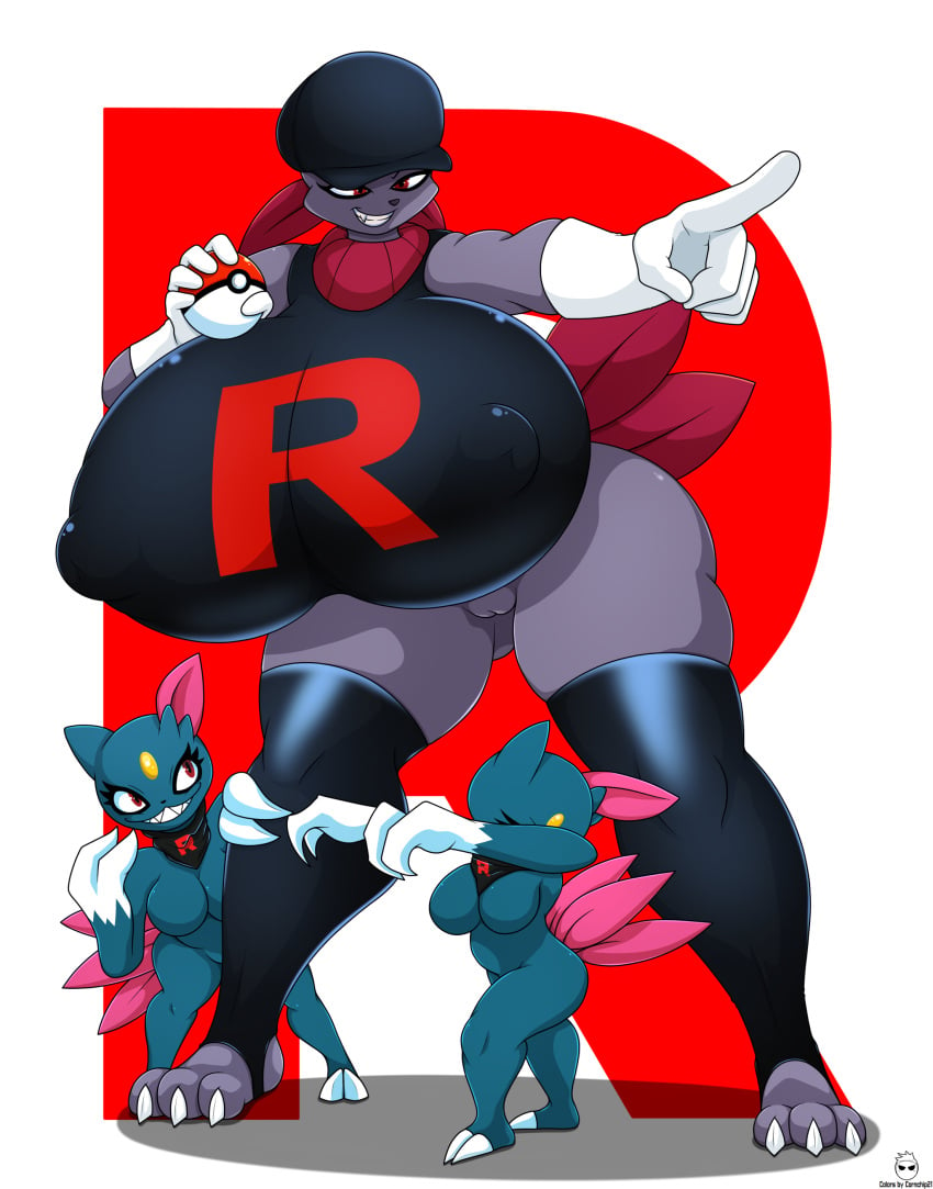 absurd_res anthro big_breasts blue_body bottomless breasts claws clothed clothing cornchip21 dabbing feathers featureless_breasts female forehead_gem genitals gesture gloves group handwear hat headgear headwear hi_res holding_object holding_pokéball huge_breasts hyper hyper_breasts iva_(cornchip21) kerchief kirbot12 larger_female leggings legwear meme nintendo nipple_outline no_nipples nude pointing pokéball pokemon pokemon_(species) pussy red_eyes shirt size_difference smaller_female smile sneasel team_rocket thick_thighs topwear video_games weavile