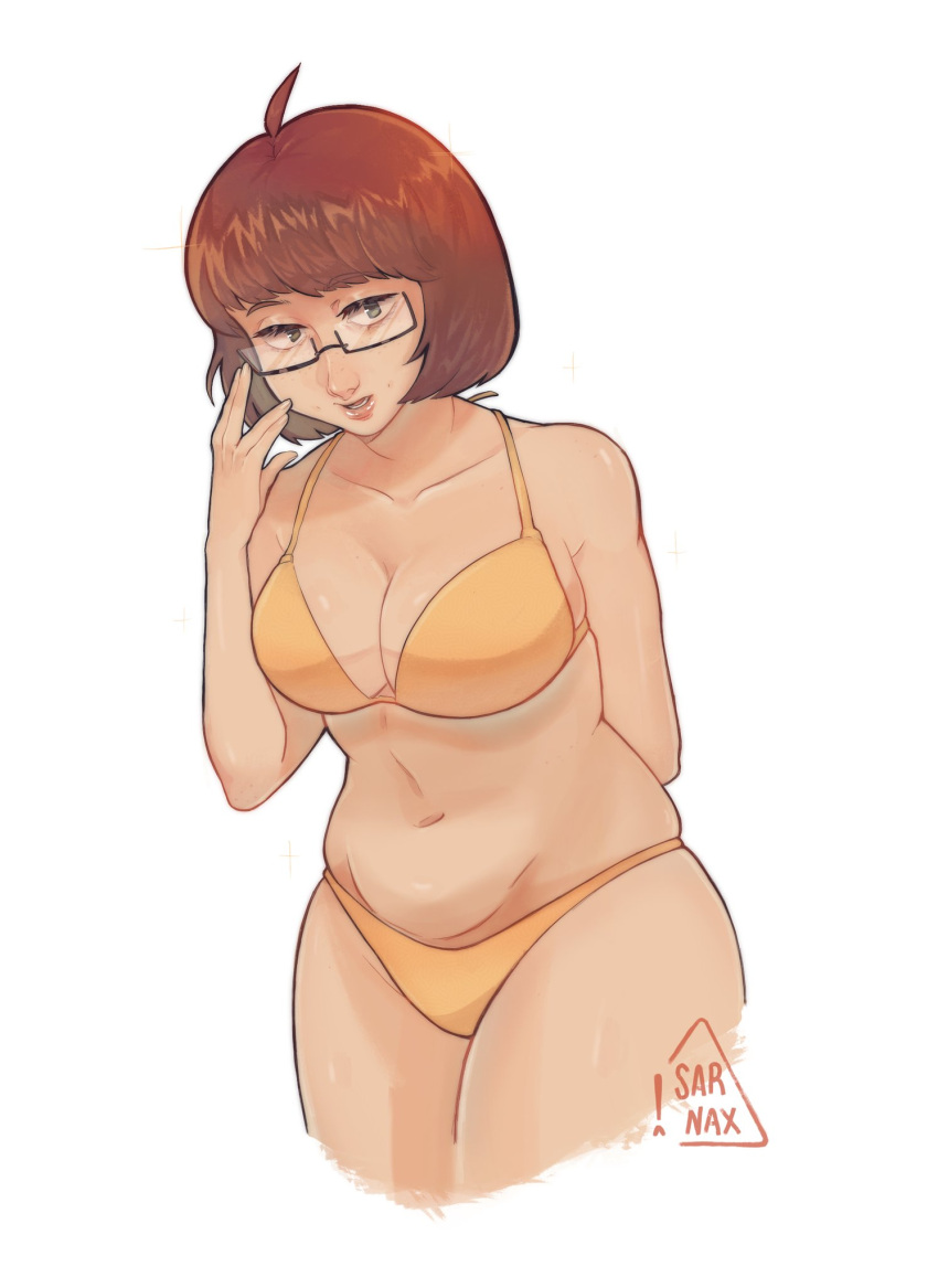 1girls big_areola big_ass big_breasts big_nipples blush brown_hair chubby chubby_female cute fat female female_only fully_clothed glasses sarunacuso scooby-doo short_hair shy solo thick_thighs velma_dinkley