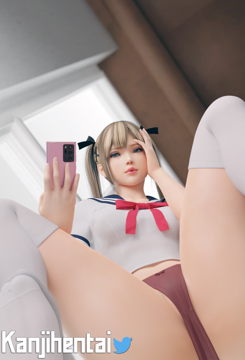 1girls 3d 3d_(artwork) alternate_version_available blonde_hair blue_eyes clothed clothed_female dead_or_alive dead_or_alive_5 feet female female_only hair_ribbon kanjihentai keyd10iori legwear long_hair marie_rose mirror mirror_reflection mirror_selfie panties petite phone phone_view reflection sailor_collar sailor_uniform school_uniform schoolgirl selfie shirt solo stockings thick_thighs twintails white_stockings