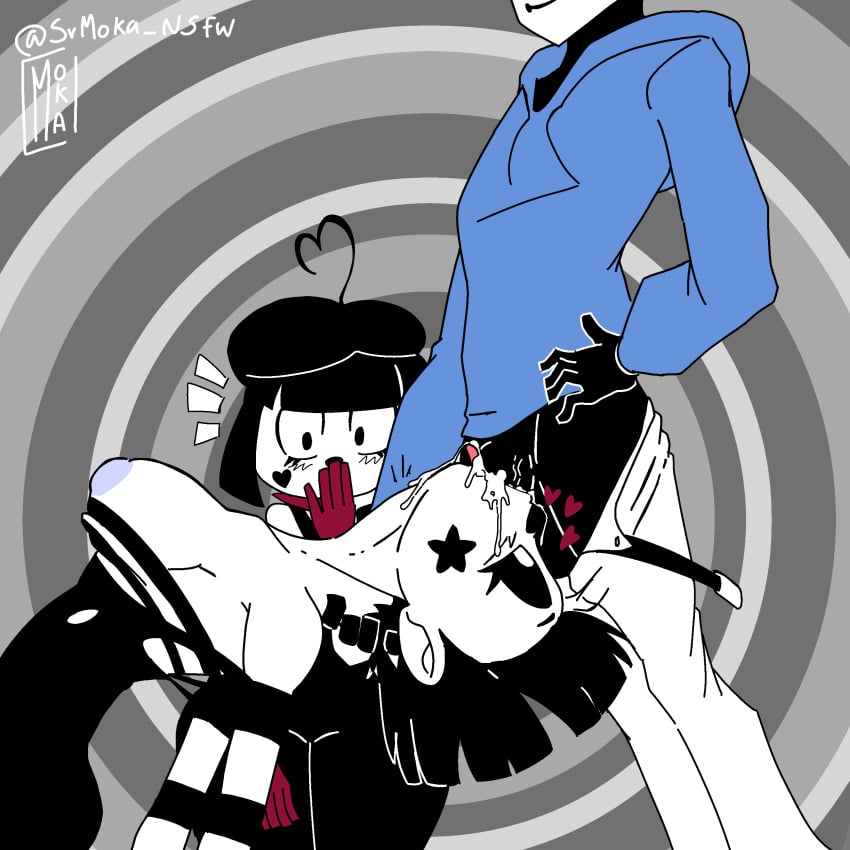 2girls beret black_body black_eyes black_hair blue_clothing blue_hoodie bonbon_(derpixon) chuchu_(derpixon) cum cum_in_mouth cum_inside cum_on_face dash_(derpixon) deepthroat hand_on_neck heart_tattoo mime mime_and_dash multiple_girls oral red_gloves short_hair sloppy smile smiling srmoka star_tattoo surprised tagme throat_bulge tongue_out upside-down white_eyes white_pants white_skin