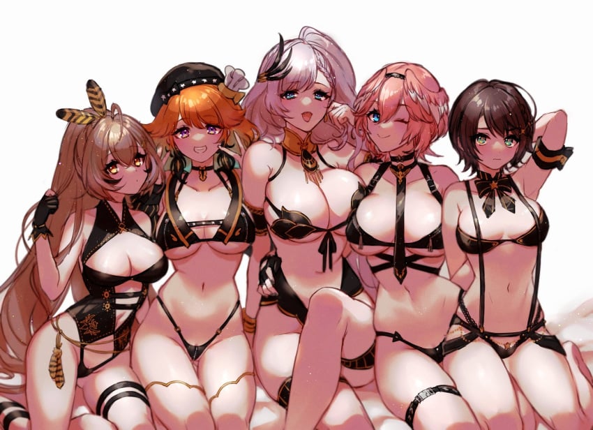 2d 2d_(artwork) 5girls belly belly_button big_breasts blue_eyes bra breasts brown_eyes brown_hair bursting_breasts choker cleavage crossed_legs feather_hair_ornament feathers female female_only fit_female green_eyes hair_ornament hi_res hololive hololive_english hololive_english_-council- hololive_english_-promise- hololive_gen_2 hololive_indonesia hololive_indonesia_holoro hololive_japan hololive_myth holotori holox leg_strap lingerie long_hair looking_at_viewer mamaloni medium_breasts midriff nanashi_mumei oozora_subaru orange_hair panties pavolia_reine purple_eyes pussy pussy_peek short_hair sideboob takanashi_kiara takane_lui thick_thighs thigh_strap thighs toned_female underboob virtual_youtuber white_hair