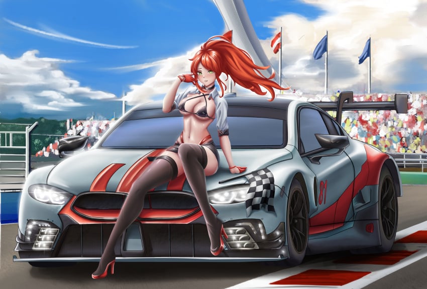 1girls audience bangs big_breasts bmw_m8 car choker d4nkira fingerless_gloves full_body gloves green_eyes high_heel_boots high_heels high_ponytail long_hair looking_at_viewer on_car ponytail pyrrha_nikos race_car race_queen racing_suit red_hair rwby seductive shiny_hair shiny_skin sidelocks smile smiling smiling_at_viewer thighhighs