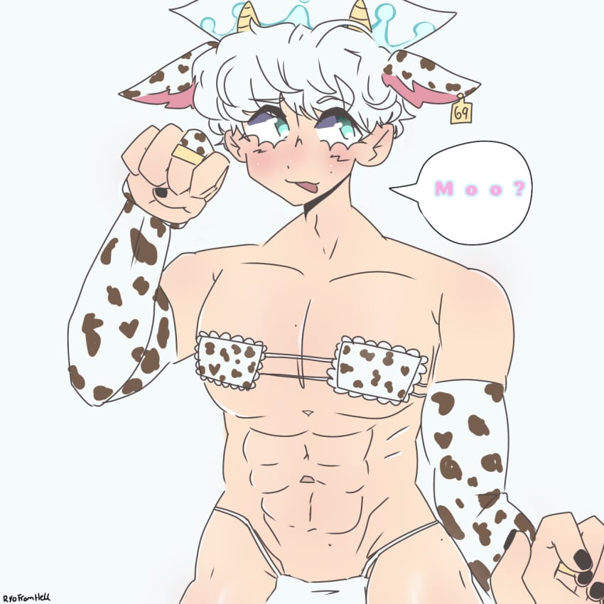 1boy 2022 :3 armwear artist_name artist_signature artist_upload bara bikini bikini_top buff cookie_run cookie_run_kingdom cow_bikini cow_boy cow_ears cow_horns cow_print eyepatch_bikini gay light-skinned_male light_skin male milk_cookie mooing muscular muscular_male ryofromhell self_upload solo solo_male