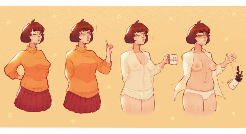 big_breasts brown_hair chubby chubby_female curtain curtain_call_challenge female glasses hanna-barbera light-skinned_female light_skin sarunacuso scooby-doo signature tent text velma_dinkley