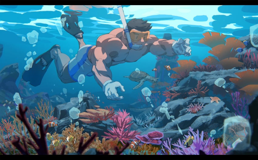 abs bara large_pectorals male male_focus muscular muscular_male pectorals rollingstonex6 underwater water yaoi