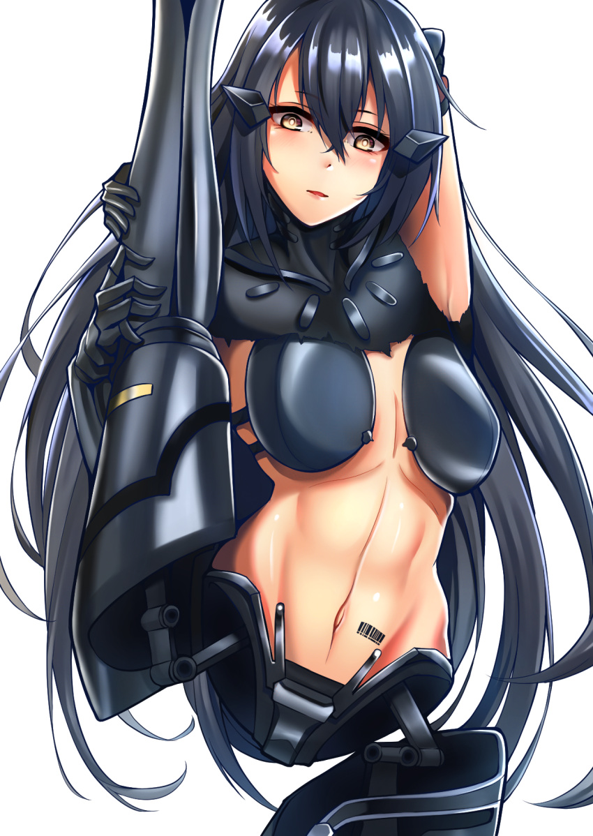 artificial_eye barcode barcode_tattoo black_hair blush breasts cyborg dandelion_(girls'_frontline) expressionless female girls'_frontline highres large_breasts long_hair mechabare mechanical_eye mechanical_legs mechanical_parts navel paradeus solo split standing standing_on_one_leg standing_split tattoo very_long_hair xlscaler yellow_eyes