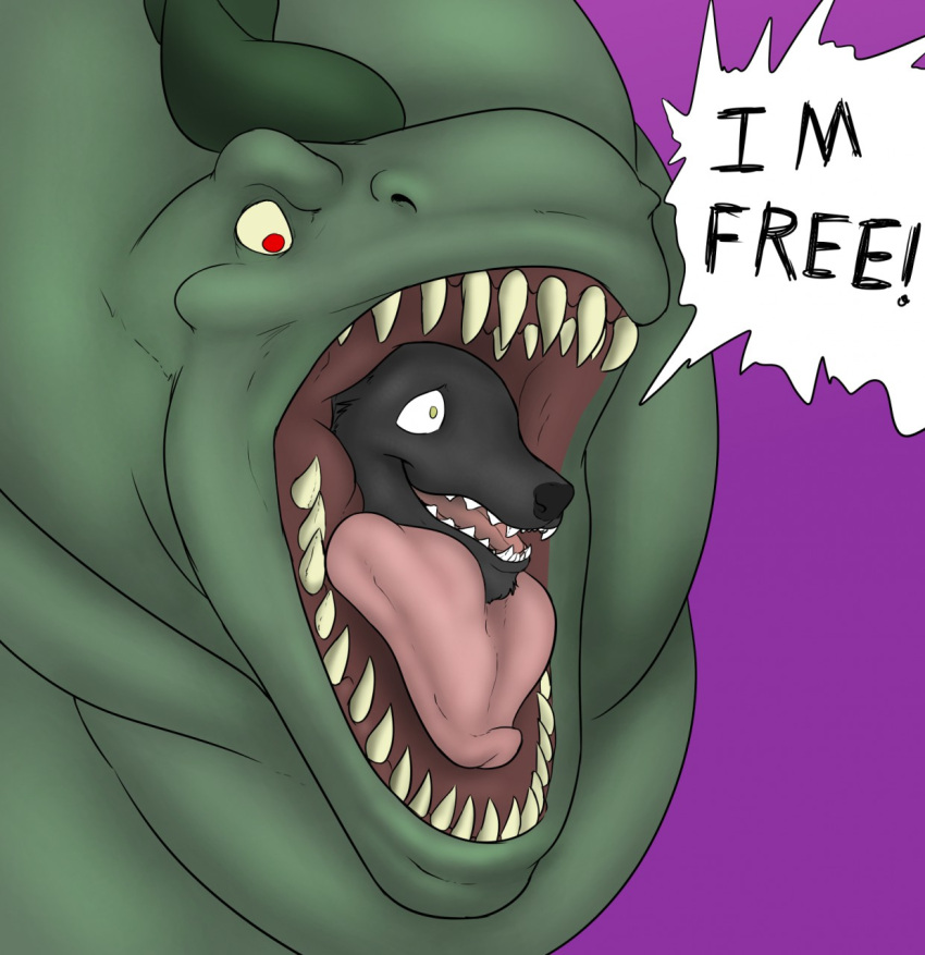 anthro azathura bulge canid canine canis english_text green_eyes happy hi_res jess_(azathura) long_neck looking_down mammal monster open_mouth oral_vore red_eyes scalie size_difference soft_vore teeth text tongue vore wolf